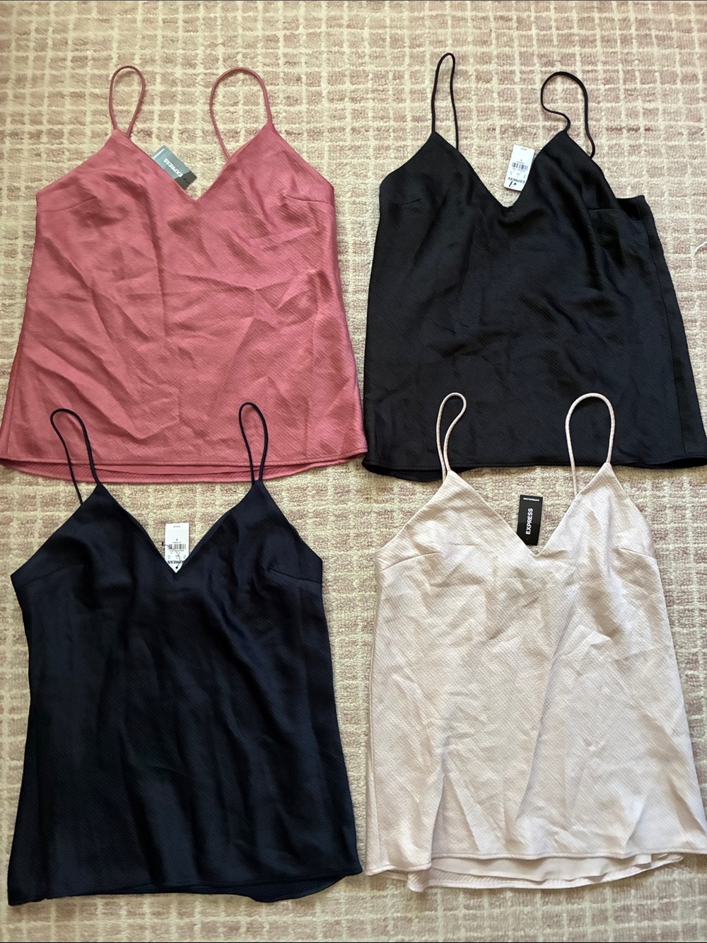 Express new four camisoles textured satin tanks, lined black, navy, pink, beige